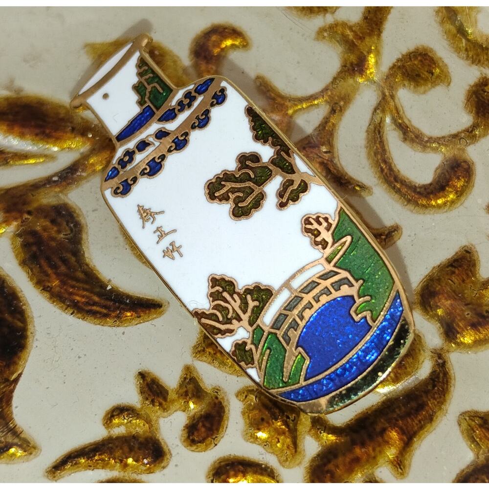 Vintage Cloisonné Vase Brooch Asian Scene Blue Green Gold Tone Fish Mark